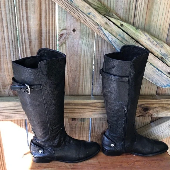 Zara Tall Black Textured Leather Low Heel Back Buckle Side Zip Riding Boots 9